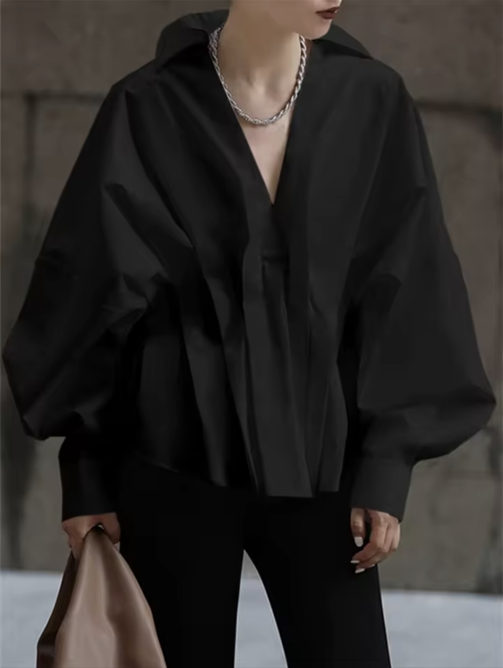 Oversized Pleated Deep VNeck Blouse ▪︎ Black ▪︎ OSFM